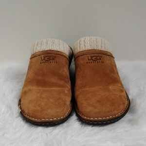 UGG Chestnut Suede Slip-On Clog Mules with Knit Cuff